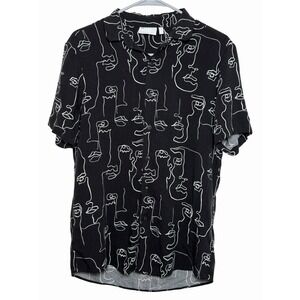 ASOS Design Men's Medium Black Abstract Face Print Button Front Shirt Monochrome